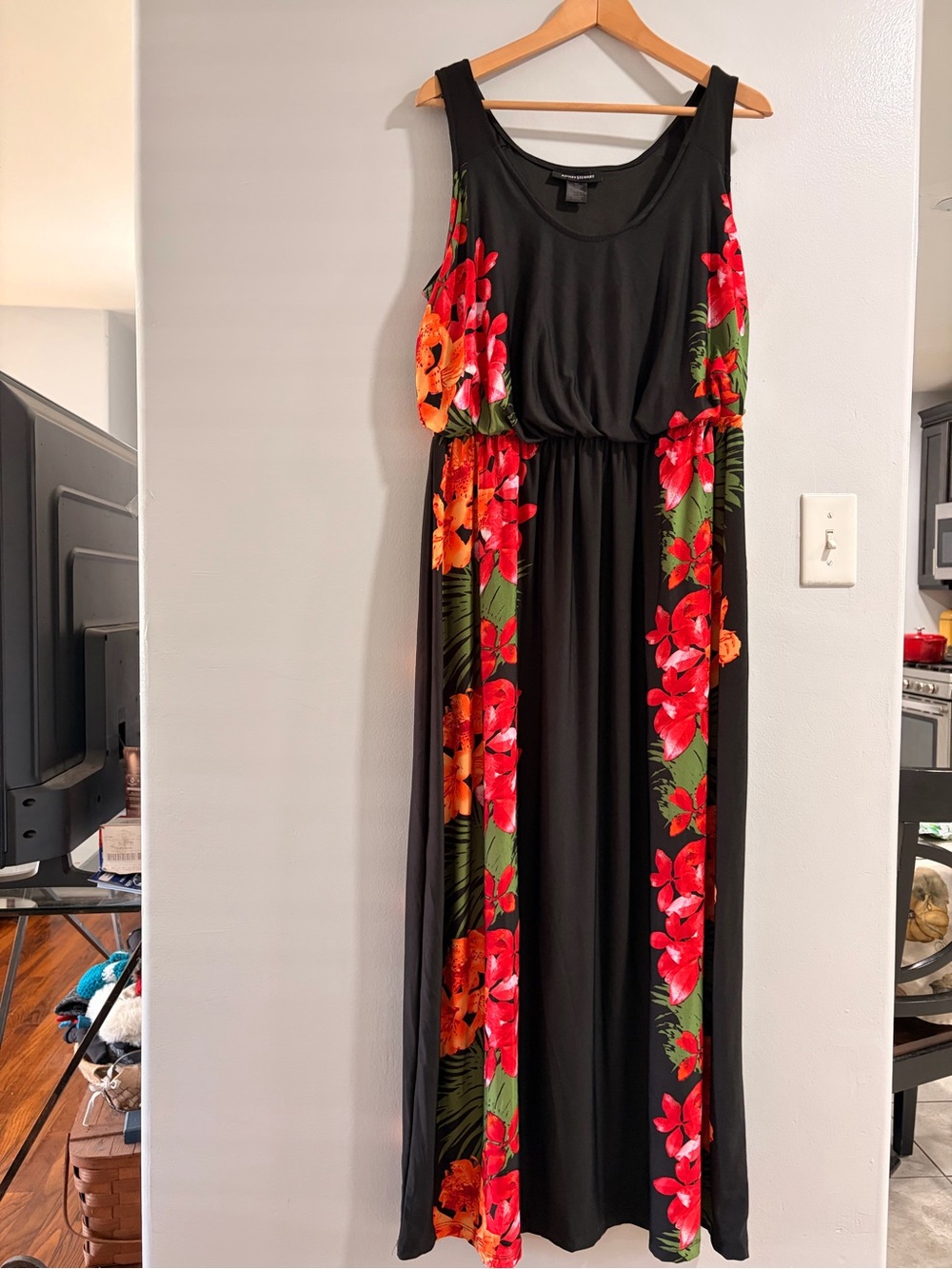 Ashley Stewart Black Maxi Dress with Red & Orange Floral Panels